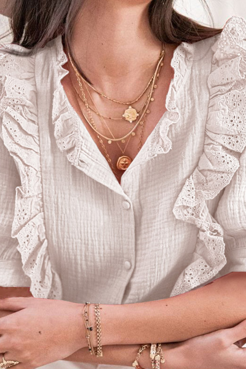 Kaynafashions - Casual Solid Lace Turndown Collar Tops