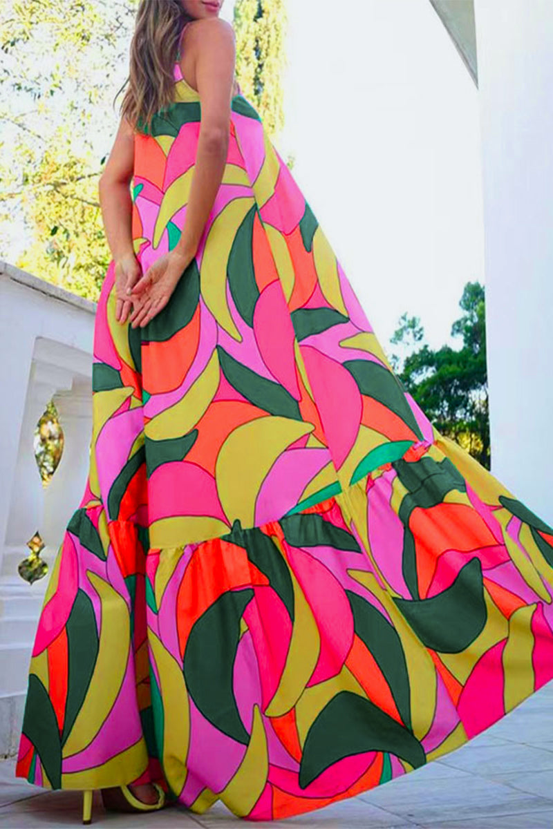 Kaynafashions - Sexy Geometric Print Backless V Neck Sling Dress Dresses