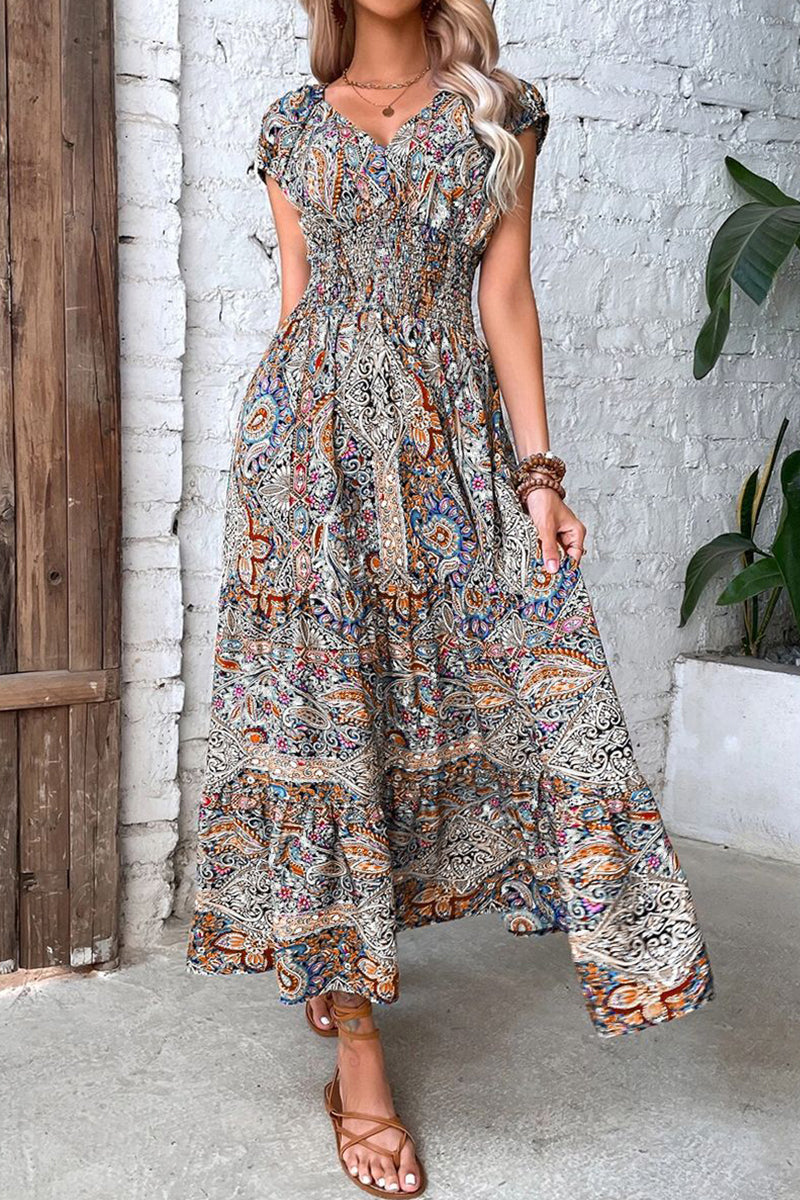 Kaynafashions - Bohemian College Print Fold V Neck A Line Dresses(4 Colors)