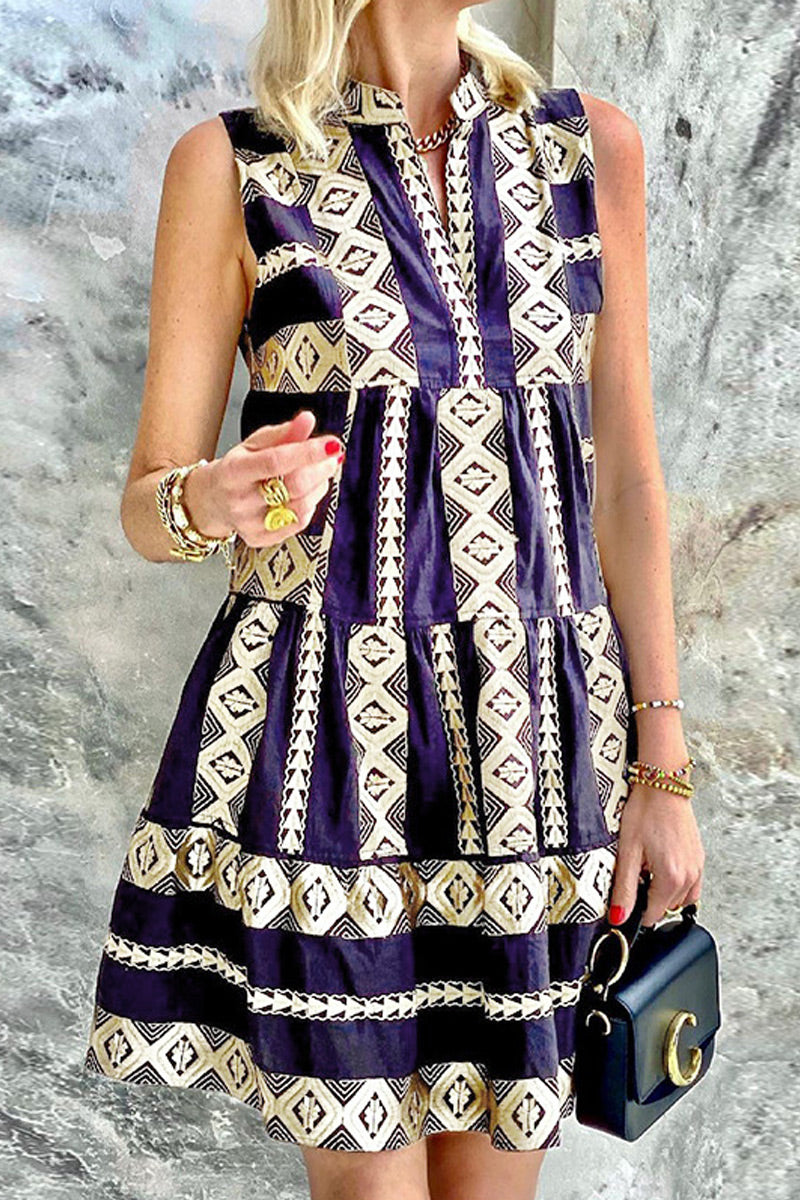 Kaynafashions - Fashion Street Print Patchwork V Neck A Line Dresses