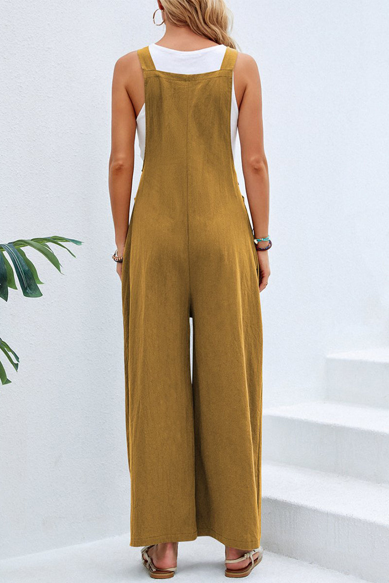 Kaynafashions - Casual Vacation Solid Buttons Square Collar Loose Jumpsuits(10 Colors)