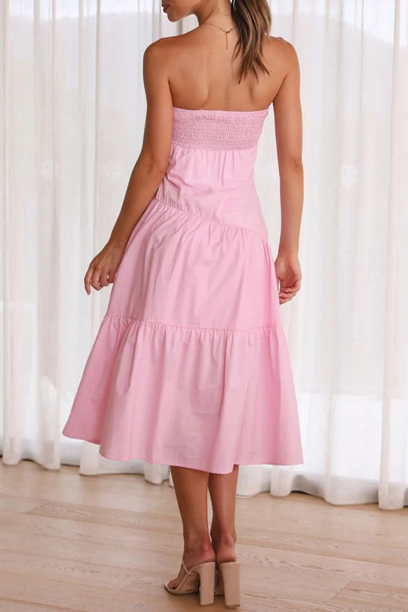 Kaynafashions - Sweet Elegant Solid Fold Strapless Waist Skirt Dresses