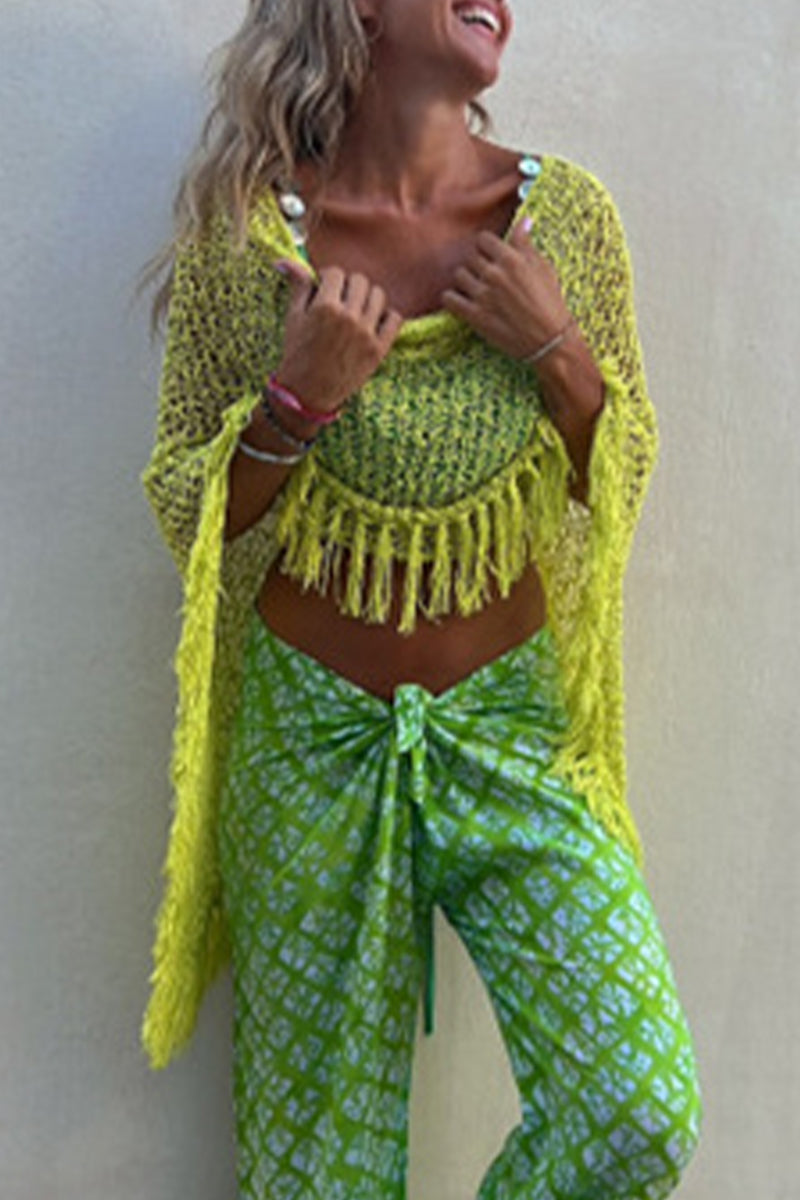 Kaynafashions - Vacation Solid Tassel Hollowed Out O Neck Outerwear