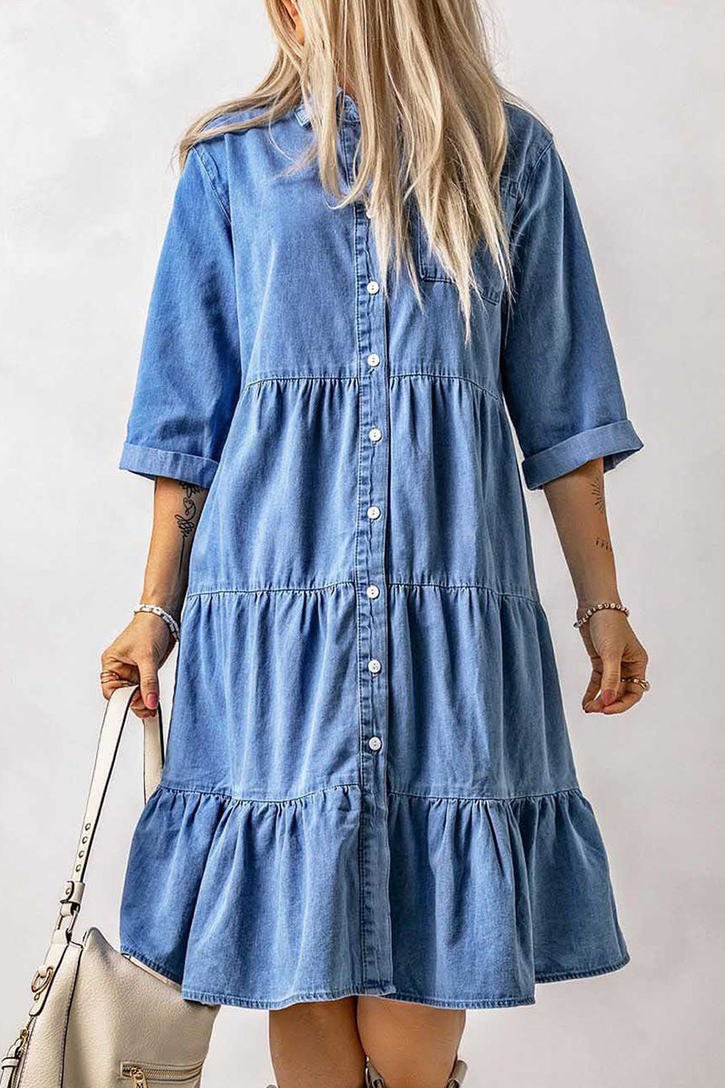 Kaynafashions - Casual Street Solid Patchwork Turndown Collar Nine Points Sleeve Loose Denim Dresses