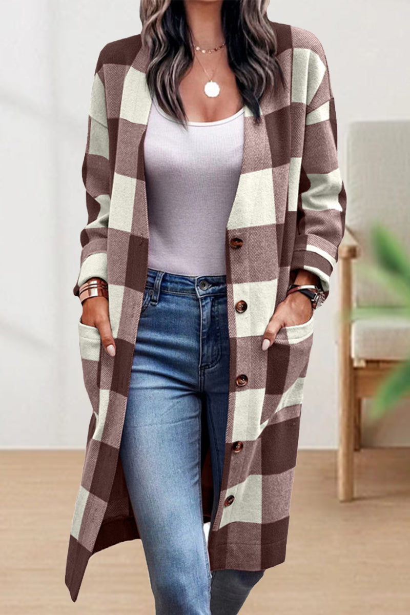 Kaynafashions - Work Street Plaid Striped Pocket Buckle V Neck Outerwear(4 Colors)