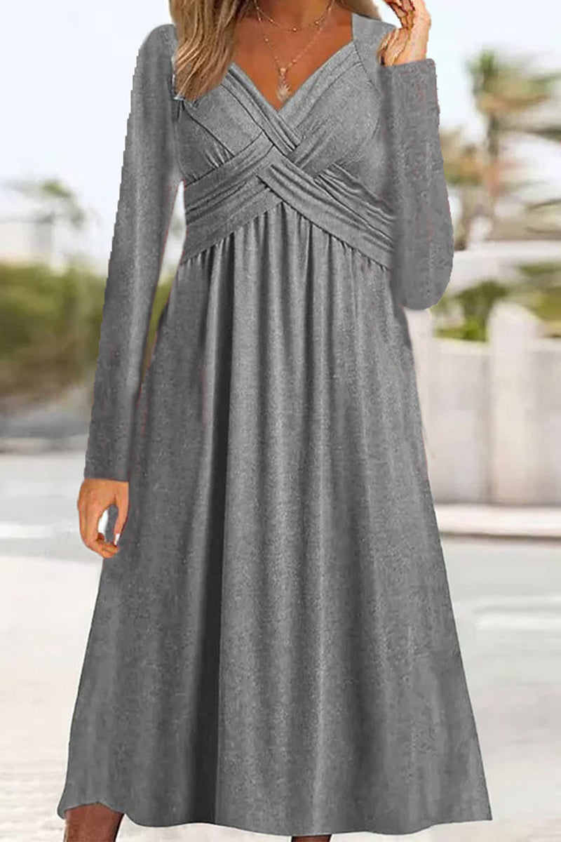 Kaynafashions - Casual Solid Patchwork V Neck Long Sleeve Dresses