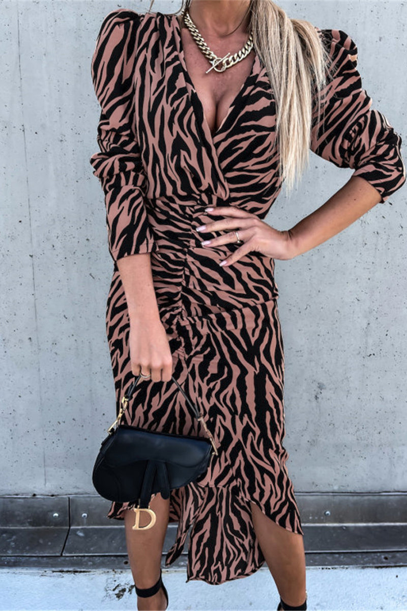 Kaynafashions - Work Elegant Printing V Neck Irregular Dress Dresses