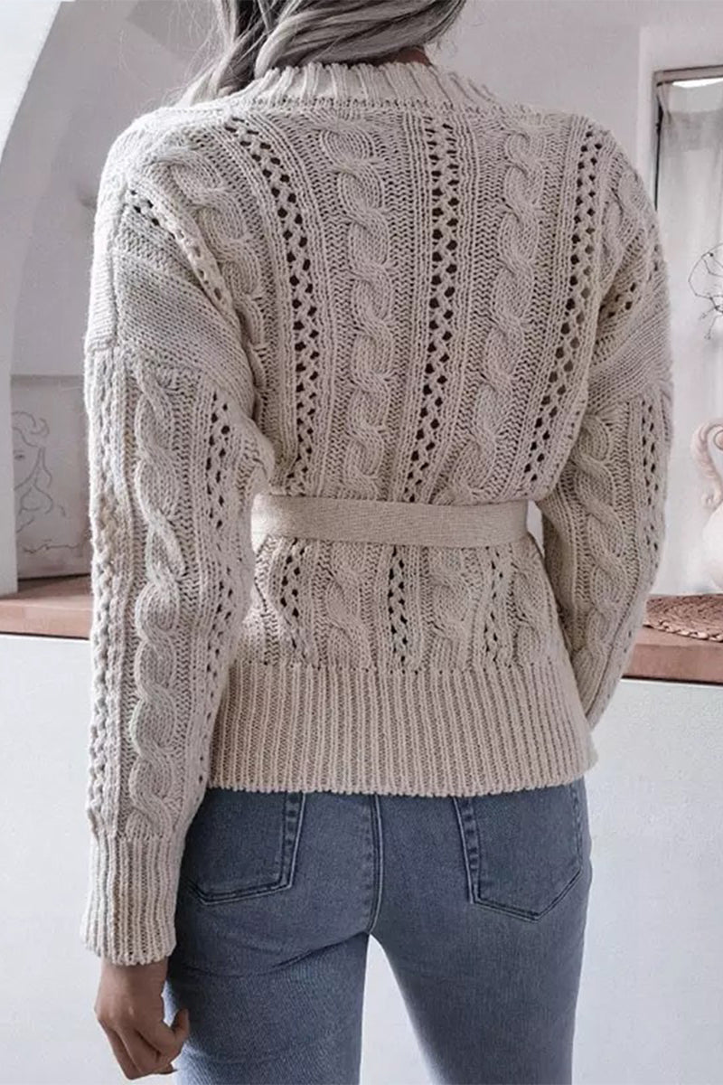 Kaynafashions - Casual Solid Hollowed Out Buckle With Belt Cardigan Collar Tops