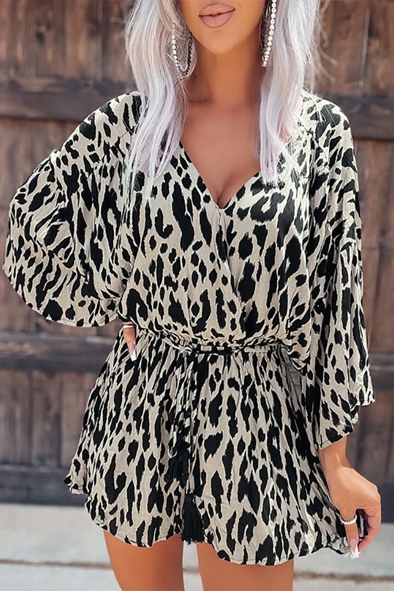 Kaynafashions - Casual College Leopard Printing V Neck Loose Jumpsuits