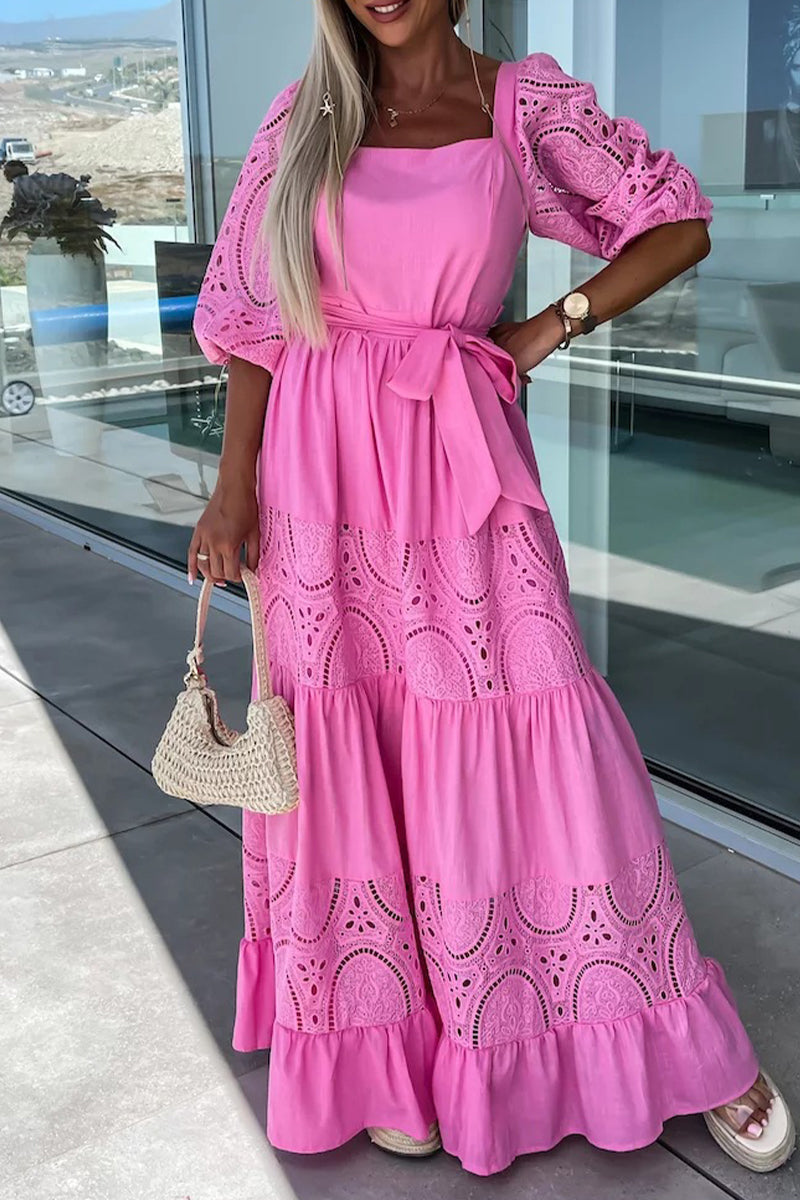 Kaynafashions - Elegant Solid Hollowed Out Frenulum Square Collar A Line Dresses