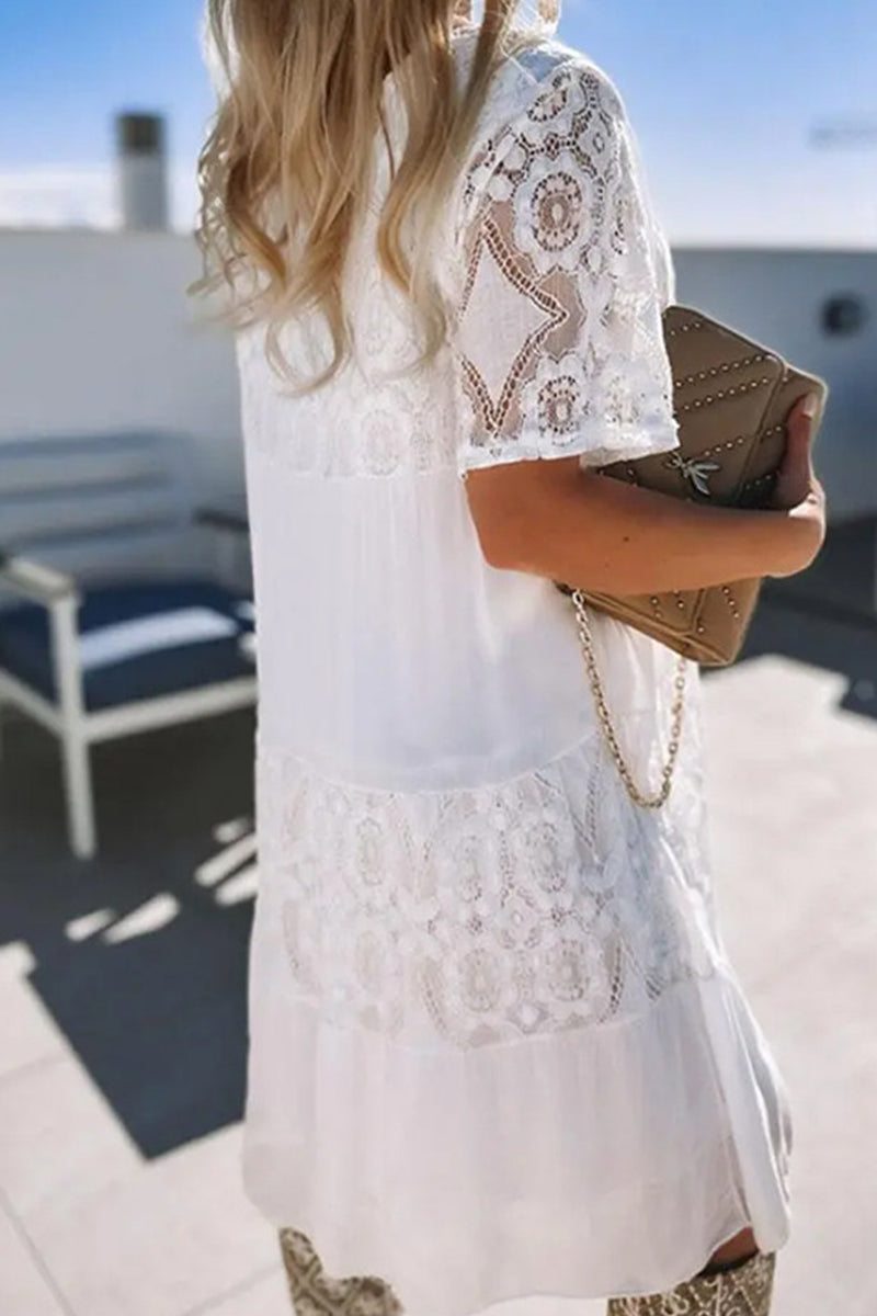 Kaynafashions - Sweet Elegant Solid Lace See-through O Neck A Line Dresses