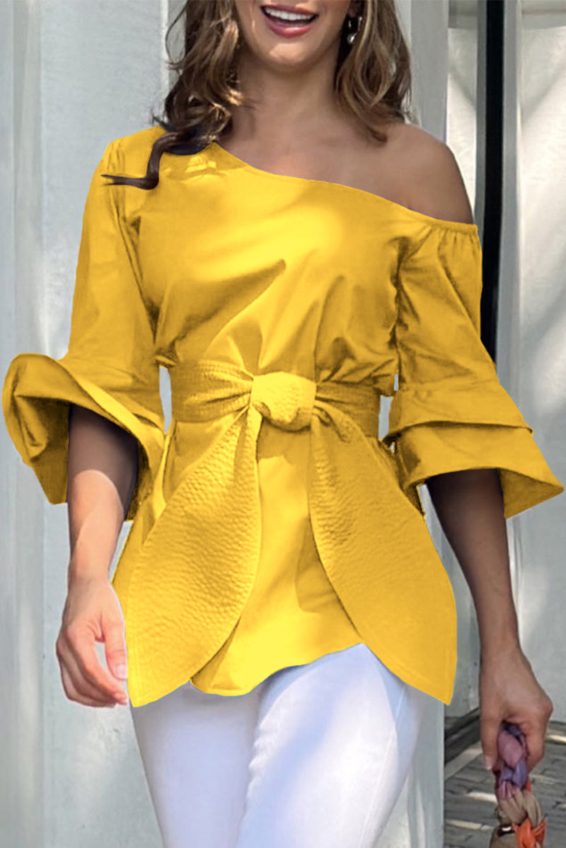 Kaynafashions - Casual Street Solid Bandage Oblique Collar Blouses(4 Colors)