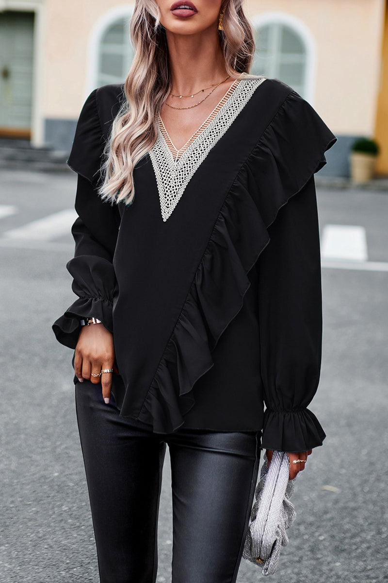 Kaynafashions - Elegant Solid Patchwork V Neck Tops