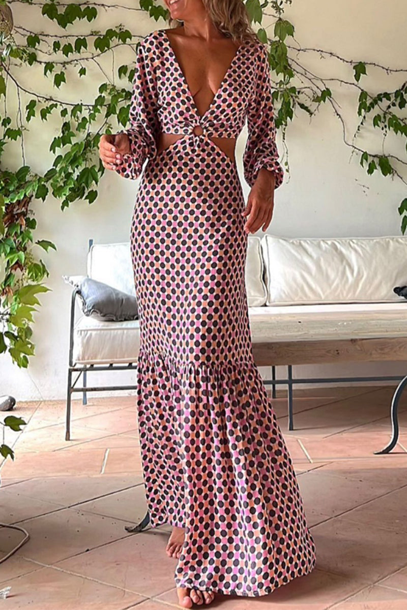 Kaynafashions - Sexy Geometric Print Asymmetrical V Neck Printed Dress Dresses