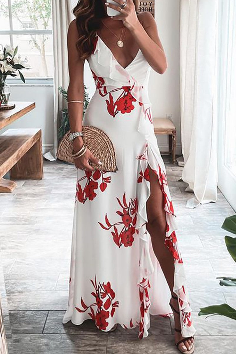 Kaynafashions - Sexy Print Patchwork Slit Spaghetti Strap Long Dress Dresses