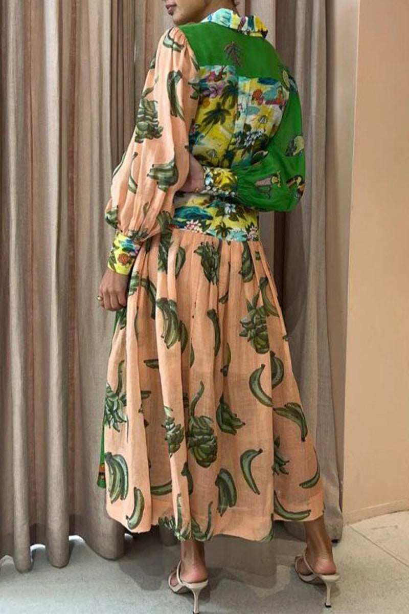 Kaynafashions - Elegant College Print Buckle Turndown Collar Waist Skirt Dresses