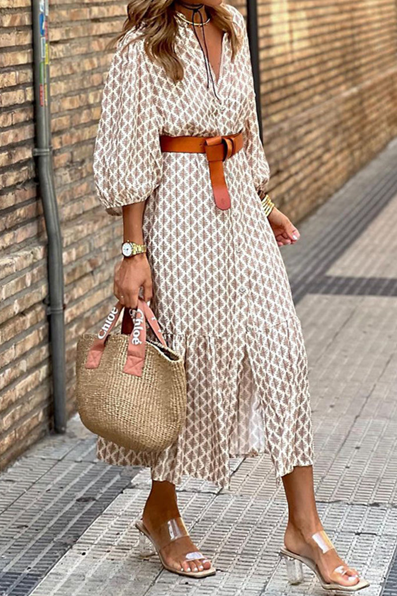 Kaynafashions - Elegant Floral With Belt V Neck A Line Dresses