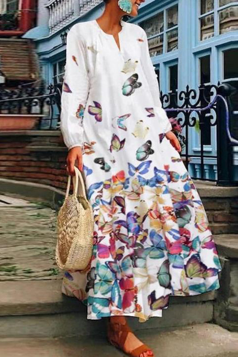 Kaynafashions - Elegant College Geometric Printing O Neck Printed Dress Dresses