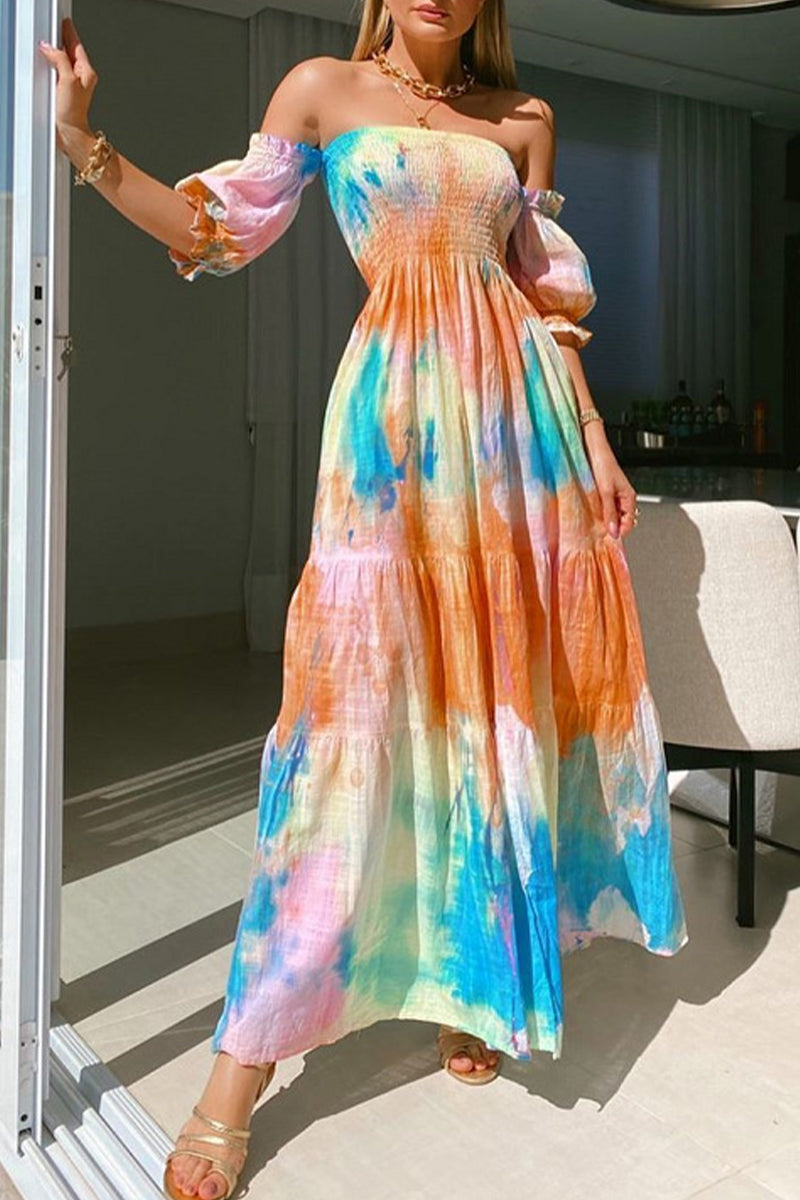 Kaynafashions - Sweet Print Contrast Off the Shoulder A Line Dresses