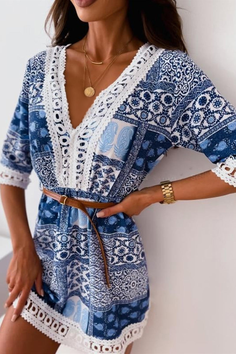 Kaynafashions - Fashion Sweet Print Patchwork V Neck A Line Dresses