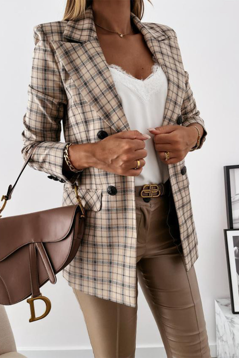 Kaynafashions - Work Elegant Plaid Print Patchwork Turn-back Collar Outerwear