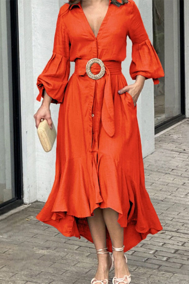 Kaynafashions - Street Solid With Belt V Neck A Line Dresses