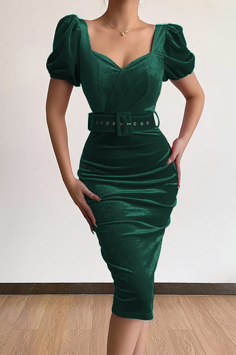 Kaynafashions - Elegant Solid With Belt Asymmetrical V Neck One Step Skirt Dresses(7 Colors)