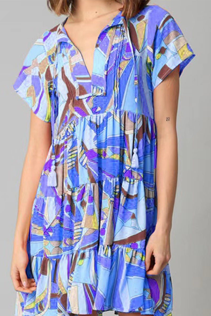 Kaynafashions - Bohemian Geometric Print V Neck A Line Dresses
