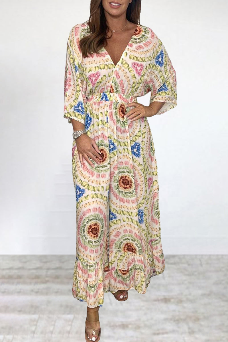 Kaynafashions - Bohemian College Print Backless V Neck Loose Jumpsuits