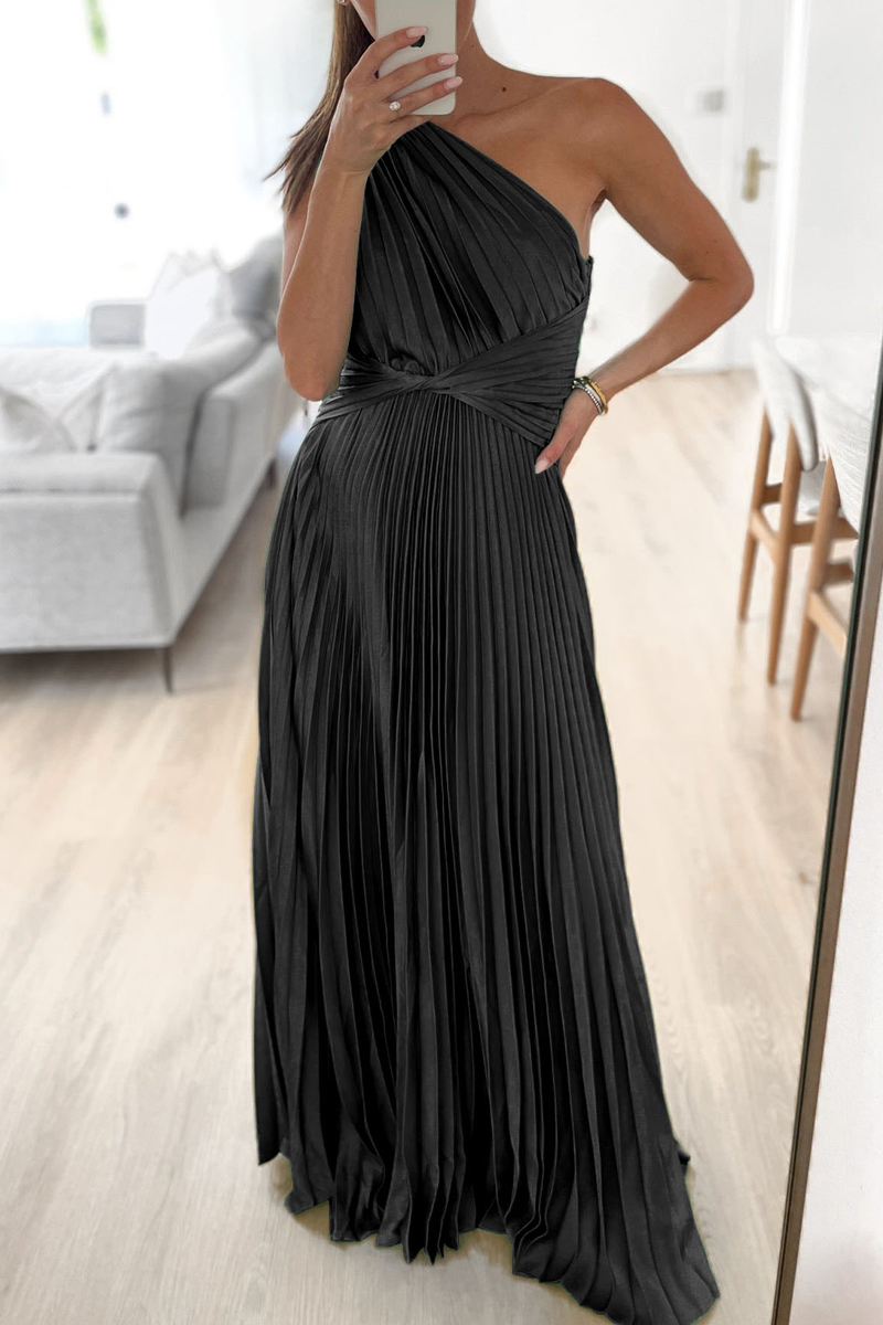 Kaynafashions - Sweet Elegant Solid Fold Oblique Collar A Line Dresses(3 Colors)