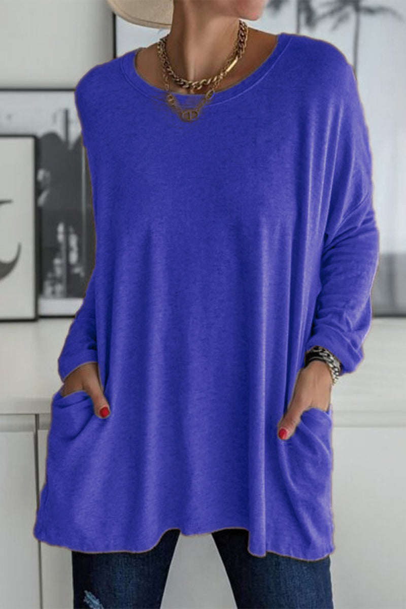 Kaynafashions - Casual Solid Patchwork Pocket O Neck Tops