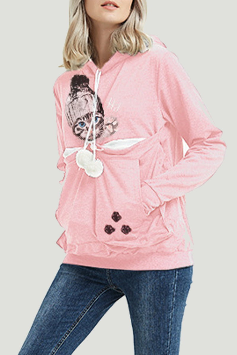 Kaynafashions - Casual Print Pocket Hooded Collar Tops