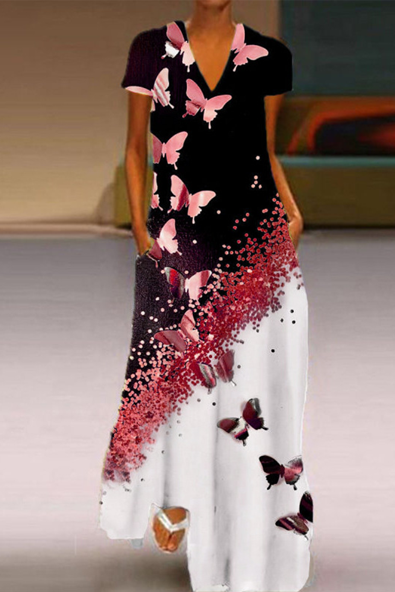 Kaynafashions - Casual Butterfly Print Patchwork V Neck Straight Dresses(5 colors)