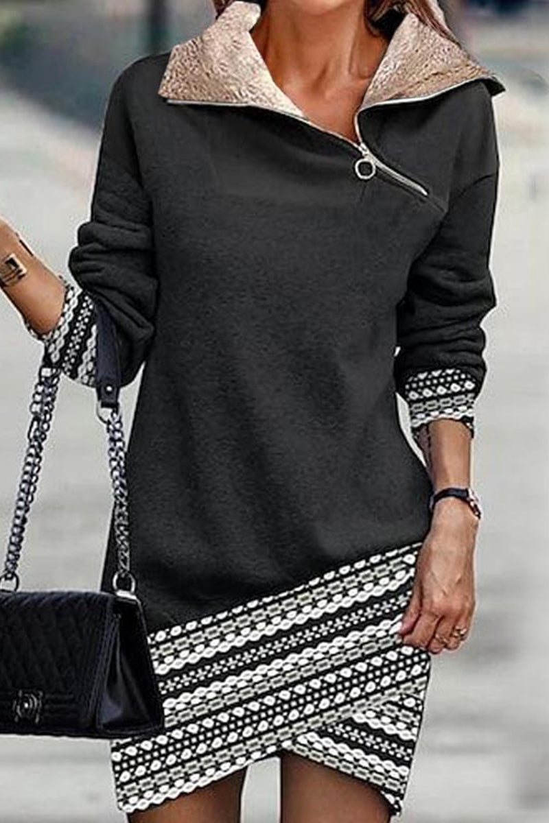 Kaynafashions - Casual Print Patchwork Oblique Collar A Line Dresses