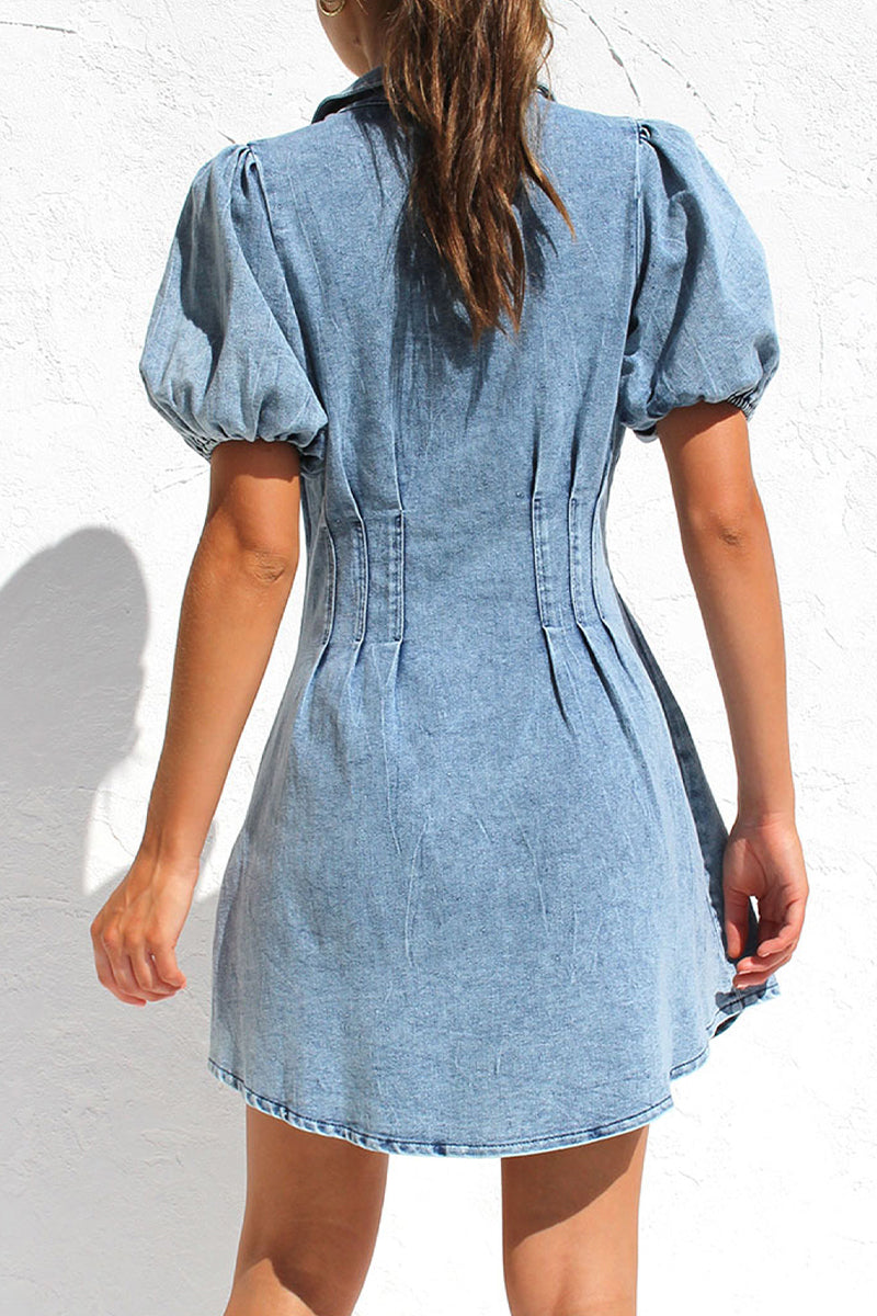 Kaynafashions - Sweet Elegant Solid Zipper Turndown Collar Short Sleeve Regular Denim Dresses