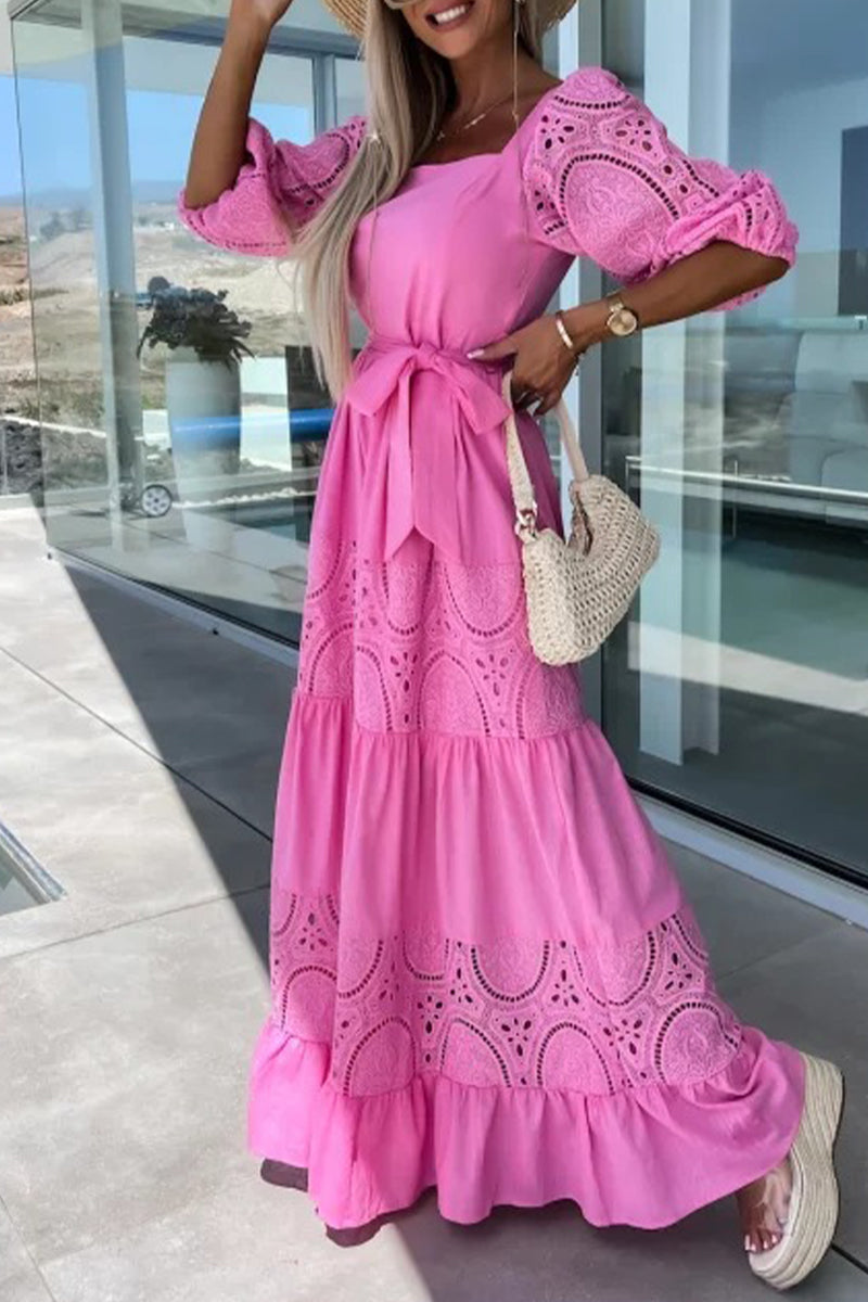 Kaynafashions - Sweet Elegant Solid Lace Hollowed Out Frenulum Square Collar Princess Dresses