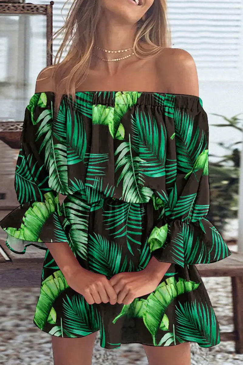 Kaynafashions - Fashion Casual Print Backless Off the Shoulder A Line Dresses