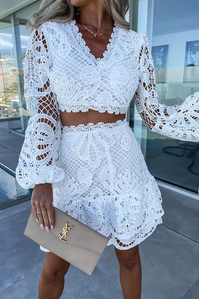 Kaynafashions - Casual Celebrities Solid Hollowed Out V Neck Long Sleeve Two Pieces