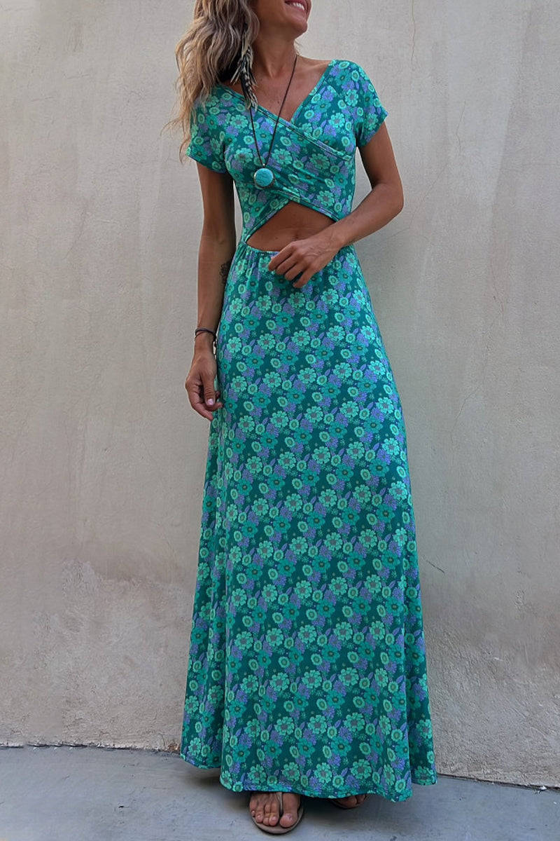 Kaynafashions - Casual Elegant Print Patchwork V Neck A Line Short Sleeve Dress