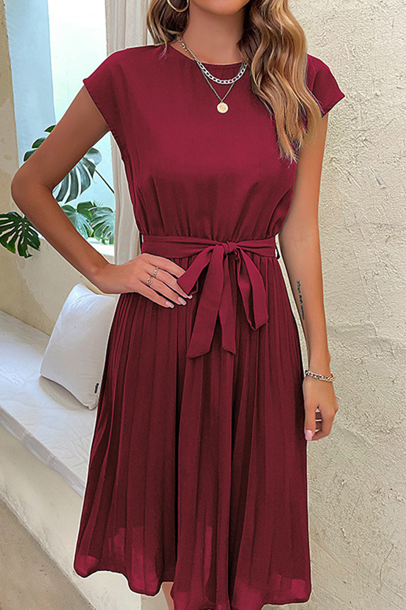 Kaynafashions - Elegant Solid Frenulum Fold O Neck Pleated Dresses