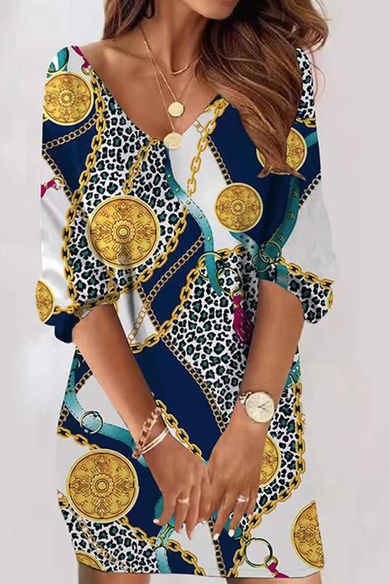 Kaynafashions - Casual Print Patchwork V Neck Straight Dresses(7 colors)