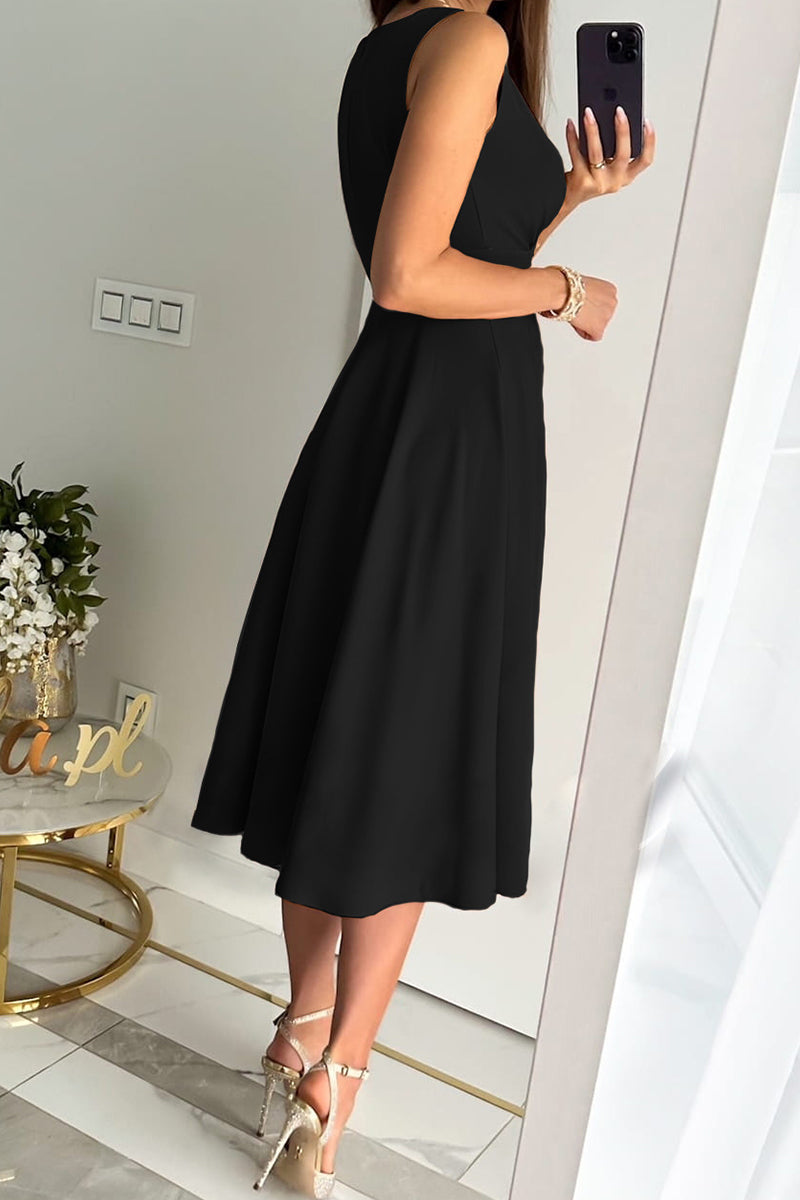Kaynafashions - Sweet Elegant Solid Fold V Neck Sleeveless Dress Dresses