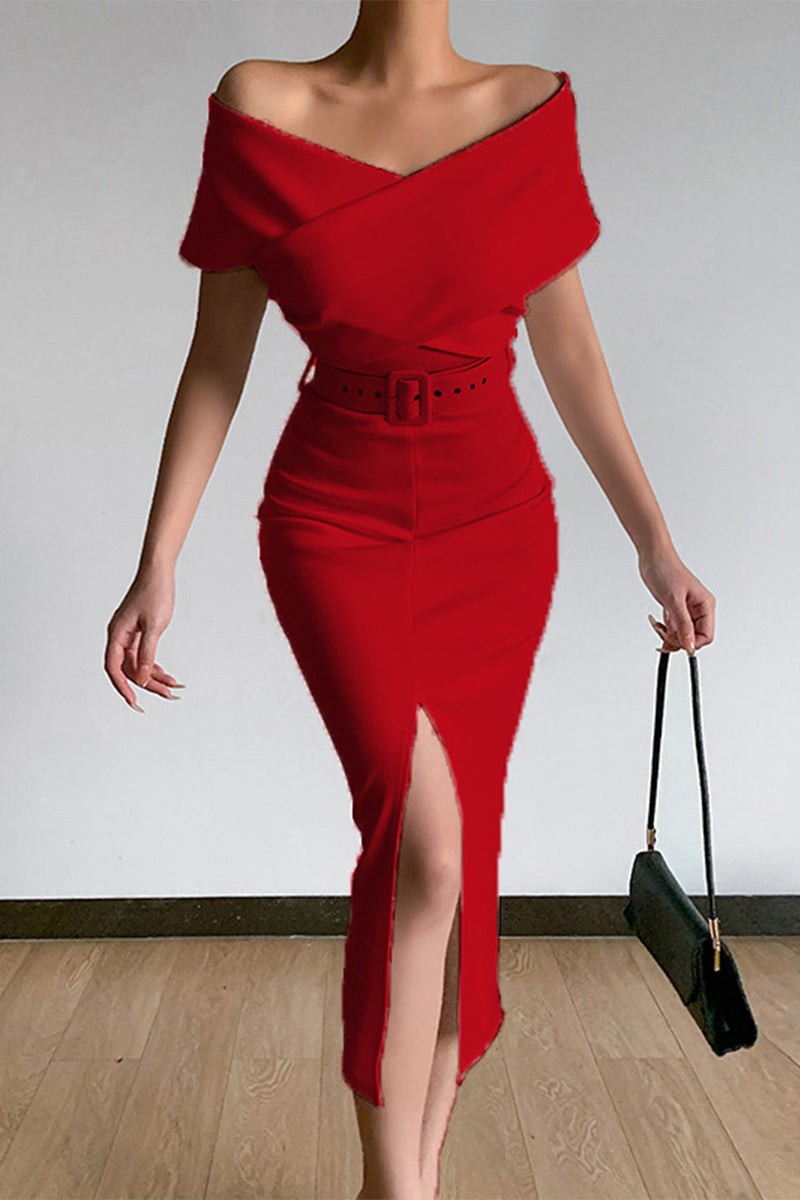 Kaynafashions - Sexy Elegant Solid With Belt V Neck One Step Skirt Dresses(8 Colors)