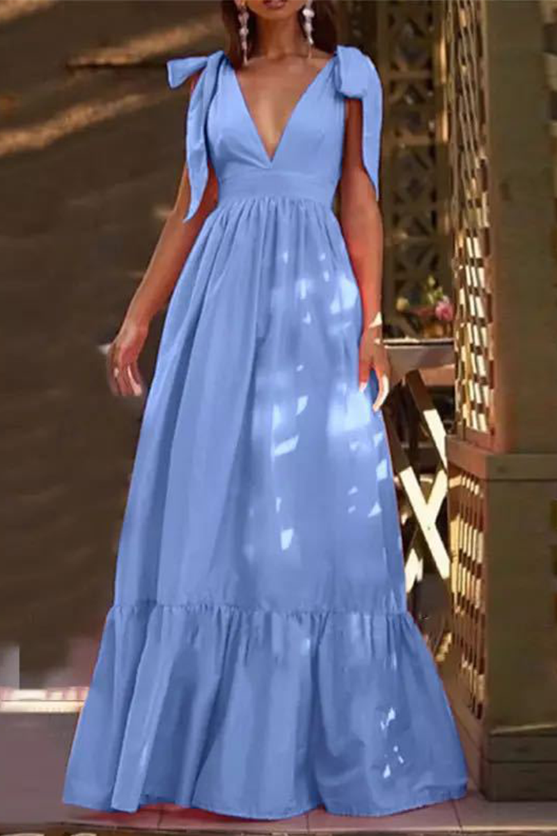 Kaynafashions - Casual Solid Bandage V Neck Cake Skirt Dresses(3 colors)