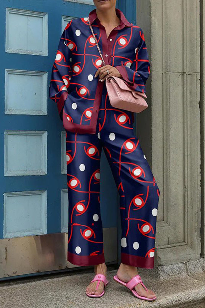 Kaynafashions - Casual Street Print Patchwork Turndown Collar Long Sleeve Two Pieces