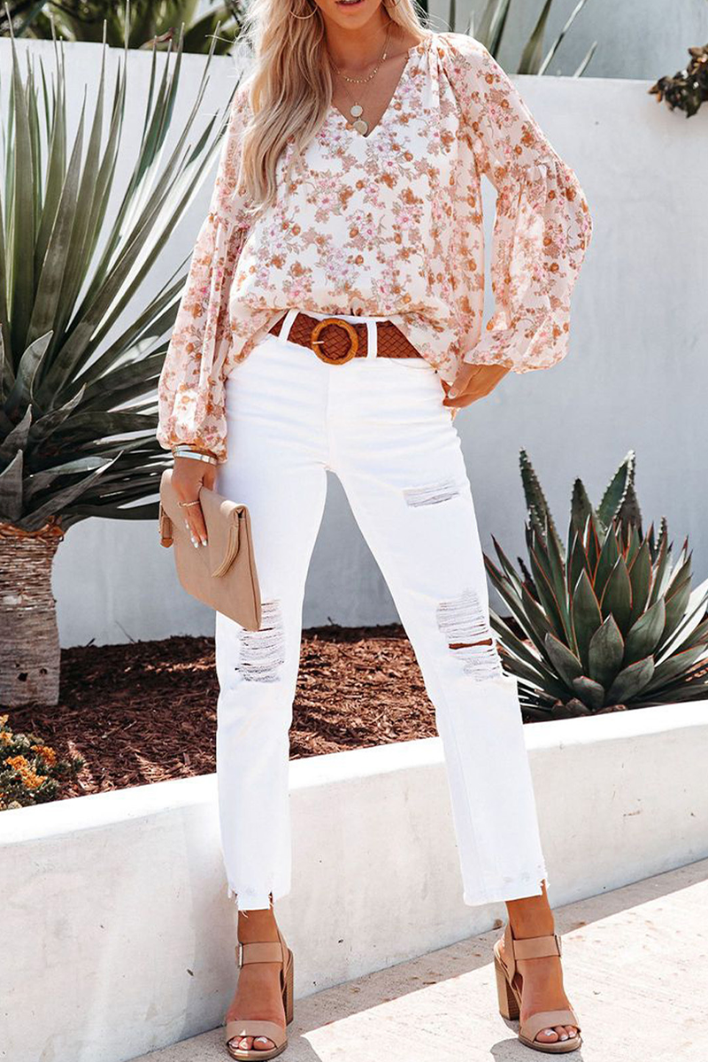 Kaynafashions - Casual Print Patchwork V Neck Tops(4 Colors)