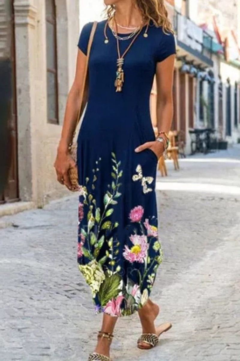 Kaynafashions - Casual Street Print Patchwork O Neck Short Sleeve Dress Dresses(10 Colors)