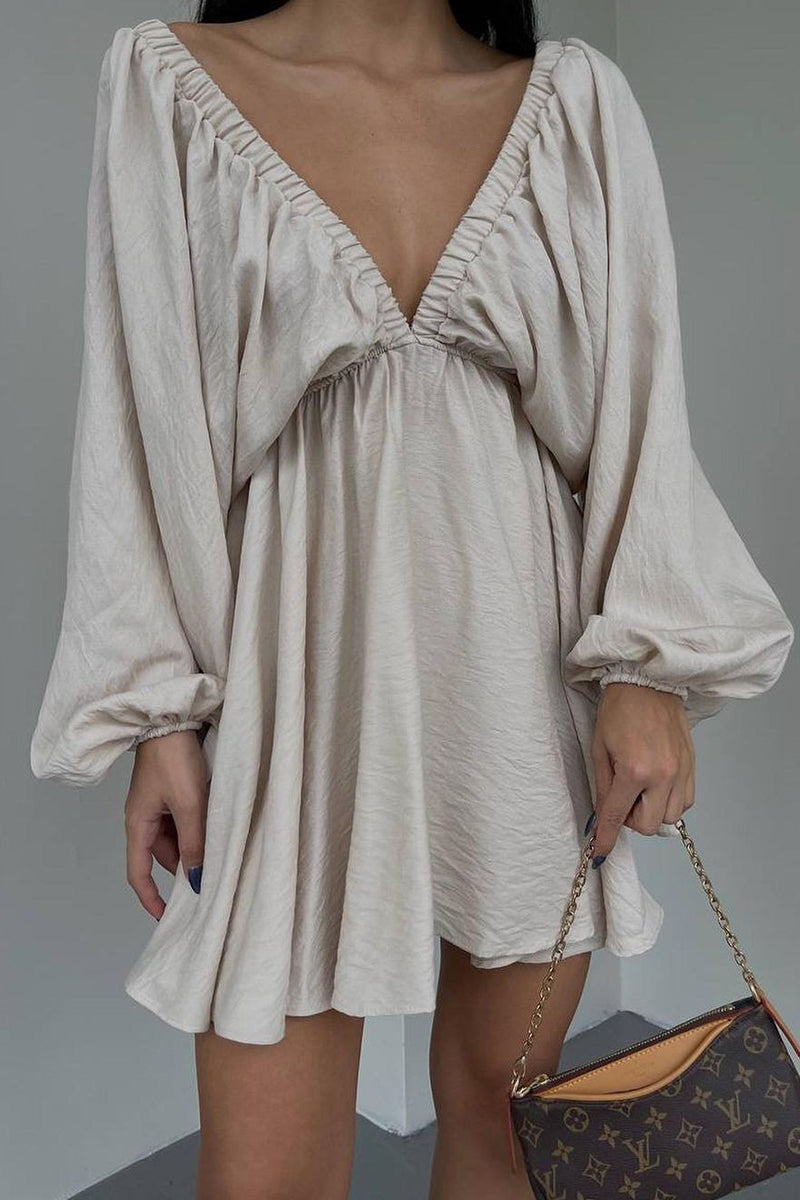 Kaynafashions - Sexy Simplicity Solid Flounce Fold V Neck Long Sleeve Dresses