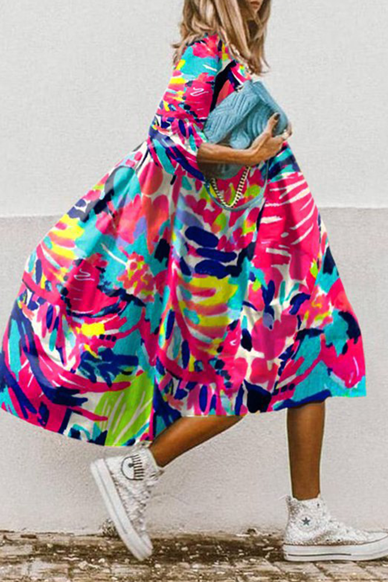 Kaynafashions - Casual Print Patchwork Turndown Collar Cake Skirt Dresses(11 Colors)