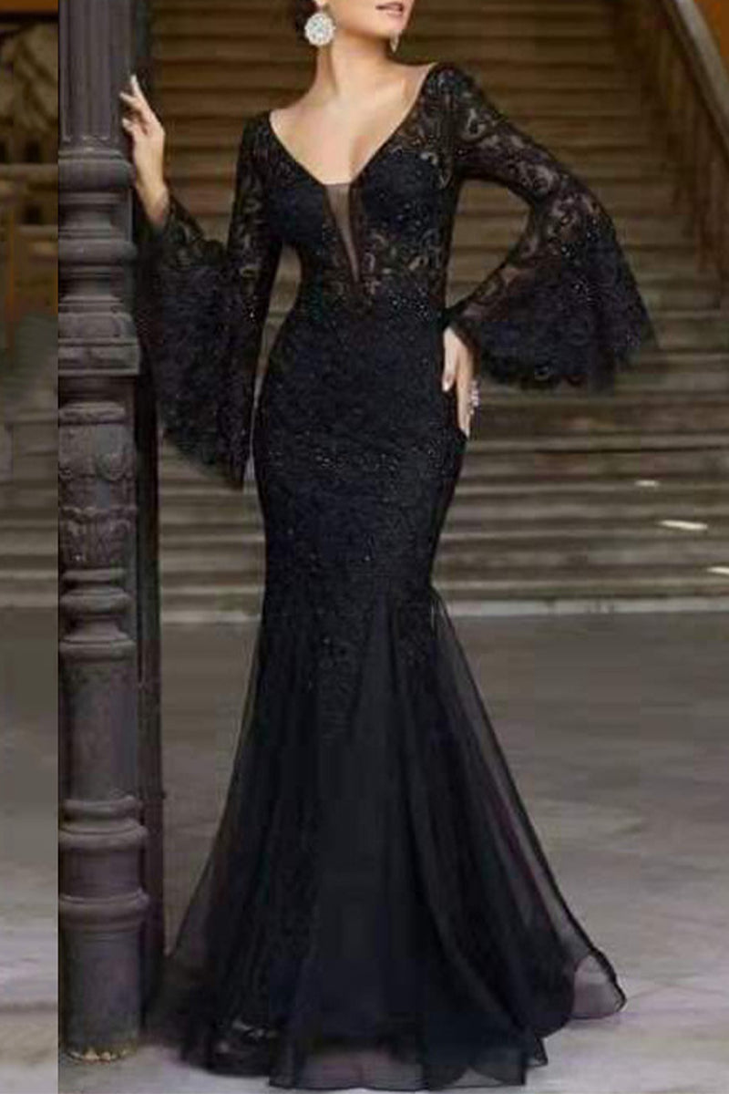Kaynafashions - Celebrities Elegant Solid Patchwork V Neck Evening Dress Dresses